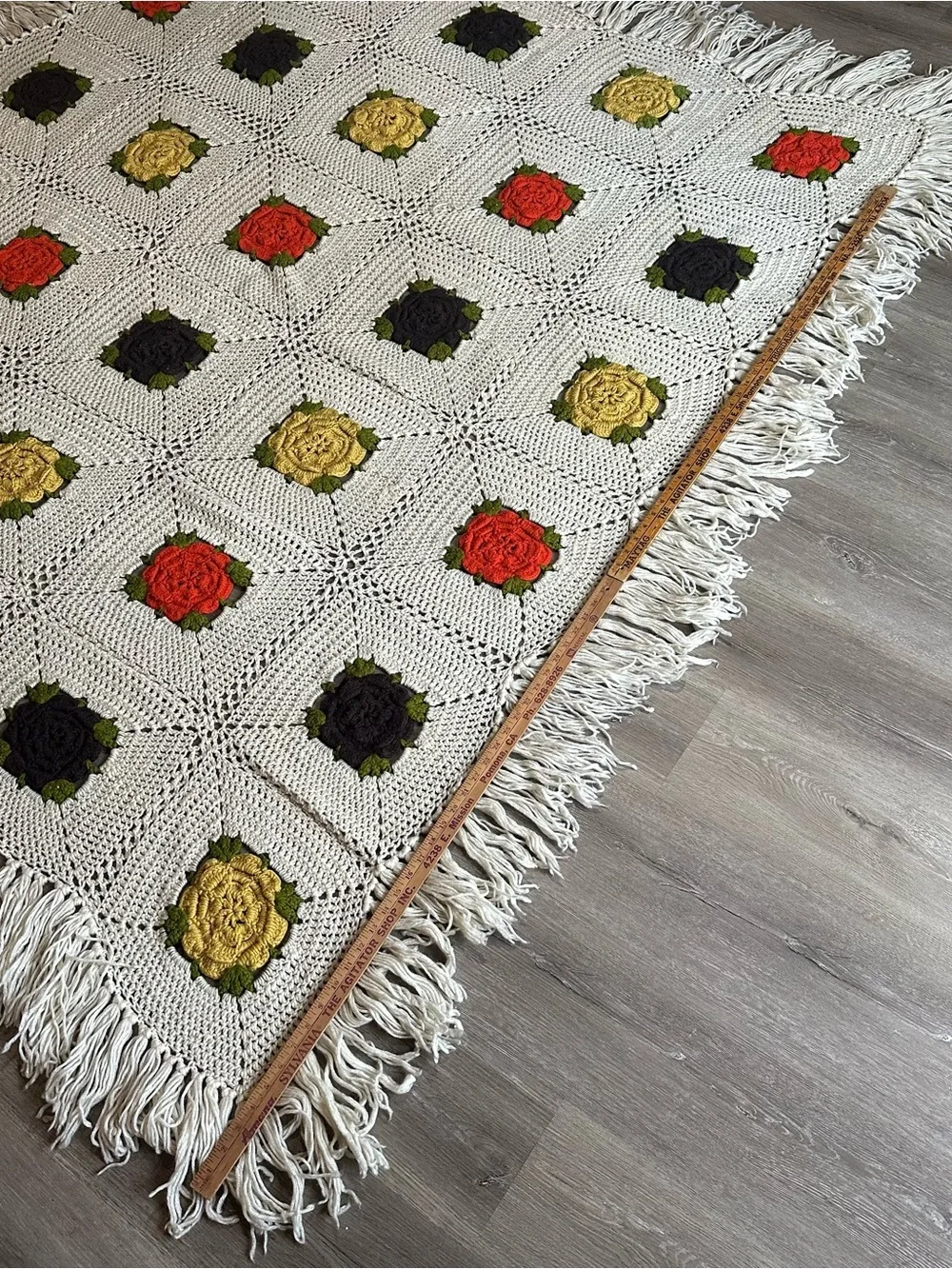 HUGE Vintage 1970s Handmade Granny Square Crochet Floral Afghan